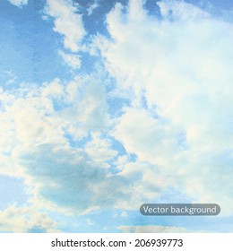 clouds on a textured vintage paper vector background, with grunge stains