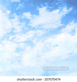 clouds on a textured vintage paper vector background, with grunge stains