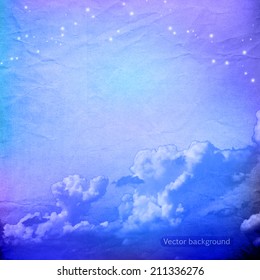 clouds on a textured vintage paper vector background, with grunge stains