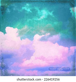 clouds on a textured vintage paper vector background, with grunge stains