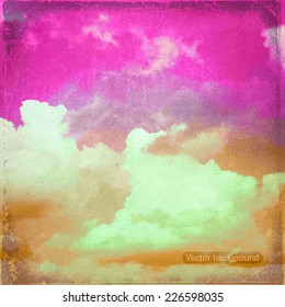 clouds on a textured vintage paper vector background, with grunge stains