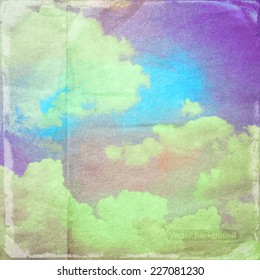 clouds on a textured vintage paper vector background, with grunge stains