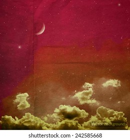 clouds on a textured vintage paper vector background, with grunge stains