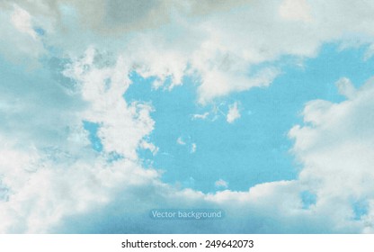 clouds on a textured vintage paper vector background, with grunge stains