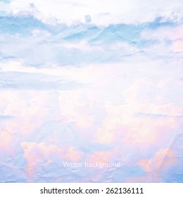 clouds on a textured vintage paper vector background, with grunge stains