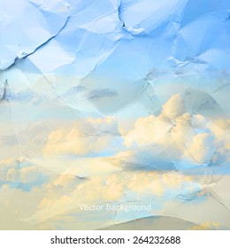 clouds on a textured vintage paper vector background, with grunge stains