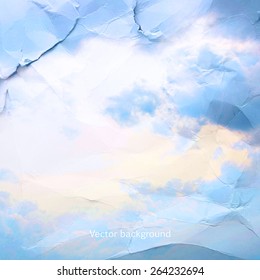 clouds on a textured vintage paper vector background, with grunge stains