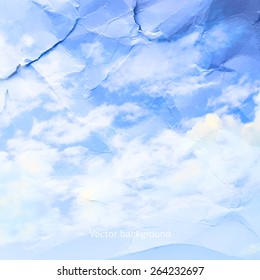 clouds on a textured vintage paper vector background, with grunge stains