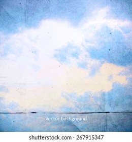clouds on a textured vintage paper vector background, with grunge stains