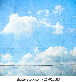 clouds on a textured vintage paper vector background, with grunge stains