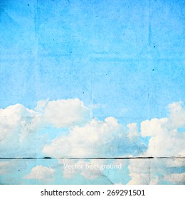 clouds on a textured vintage paper vector background, with grunge stains