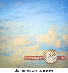 Clouds on a Textured Vintage Paper, with  Stains. Grunge Scratch. Retro Stamp Vector Background.