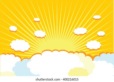 Clouds on yellow sunburst sky background - vector illustration of decorative white, blue, yellow clouds and shiny sky.