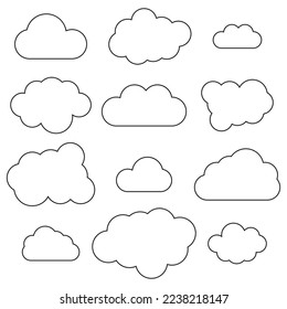 Clouds outlines in line art style. Simple line frame set. Vector illustration. stock image.