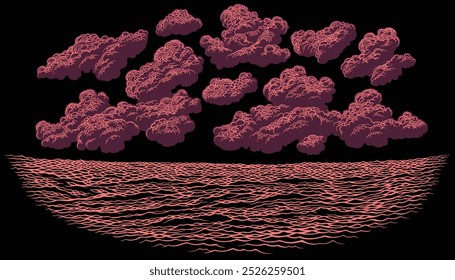 Nubes sobre el mar. Conjunto de diseño. Ilustración dibujada a mano editable. Grabado vintage de Vector. Aislado sobre fondo negro. 8 EPS