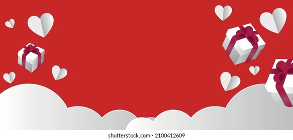 Wolken mit Papier und Kunsthandwerk, Geschenke und weiße Herzen auf rotem Hintergrund, Kunst für Valentinstag