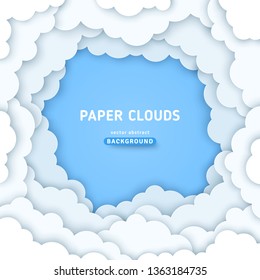 Clouds paper cut background. Volumetric cloudy blue sky, 3d color illustration. Cloudscape vector border, frame.