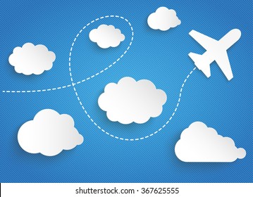 Clouds with paper jet on the blue striped background. Eps 10 vector file.