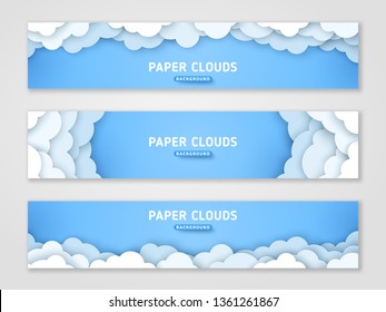 Clouds papercut banner templates set. 3d cloudscape background. Volumetric horizontal skyline origami paper art with text space