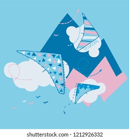 Clouds, paraplane, balloon and mountains sky print. Abstract background. Print for fabric or wallpaper. 