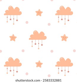 clouds pattern for children's clothing and textiles in delicate pink colors on a white background 