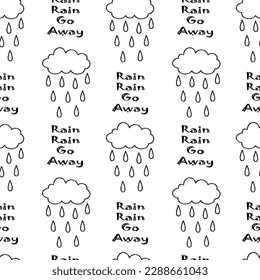 Clouds pattern. Seamless pattern with  clouds and rain drops for kids holidays. Rain Rain Go Away, Cute baby shower vector background. Child drawing style rainy clouds in love vector illustration.