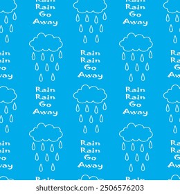 Clouds pattern. Seamless pattern with clouds and rain drops for kids holidays. Rain Rain Go Away, Cute baby shower vector background. Child drawing style rainy clouds in love vector illustration.