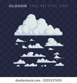 Clouds pixel art set isolated vector illustration, 8-bit video game sprite.