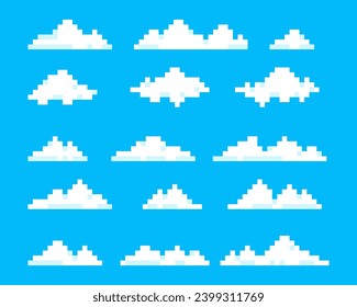 Nuages, pixels, éléments du ciel, fumée ou brouillard. sprite 8 bits.