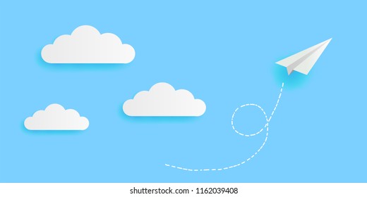 Clouds and plane paper cut on the blue sky vector eps10