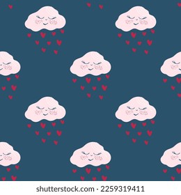 Se imprimen nubes. Patrón vectorial sin fisuras con nubes sonrientes durmiendo y llueve el corazón. Un ambiente agradable para la ducha de bebé y el día de San Valentín. 