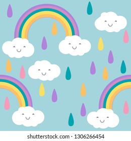 Clouds and raimbows seamless pattern vector illustration. Cute kawaii style drawings.