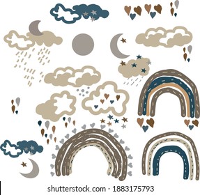 
Clouds, rain, children's illustration. boho hue style. Setch, doodle. Vector graphic hand-drawn illustration. Print, textiles. Vintage, retro