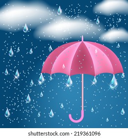 Clouds with rain in the dark blue sky and opened umbrella