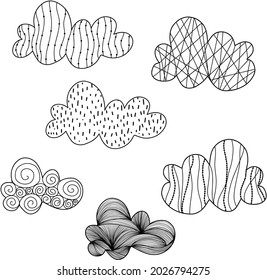 Clouds Rain doodle illustration. Black and white Vector image clouds Rain