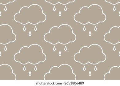 Nuvens com gotas de chuva sobre um fundo bege. Desenho de contorno branco. Padrão perfeito sob a máscara de corte, conveniente para edição. Fundo para papel, têxteis, embalagem.