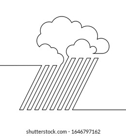 Clouds with rain falling in continuous line art drawing style. Minimalist black linear design isolated on white background. Vector illustration