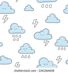 Clouds with rain and flesh background, cute seamless pattern with clouds, cartoon vector illustration,  background for kids, wallpapper, pattern for scrapbooking