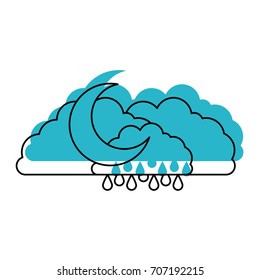 clouds with rain and half moon in blue watercolor silhouette on white background vector illustration