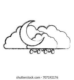 clouds with rain and half moon in blurred silhouette on white background vector illustration