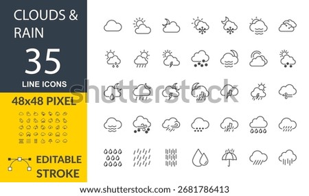 Clouds and Rain Line Icons, Editable Stroke Collection, Weather, Rainfall, Cloud, Storm, Forecast Thin Line Icons, Meteorology, Wet Weather, Precipitation Minimal Icon Set
