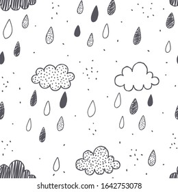 Clouds and rain. Monochrome vector seamless pattern
