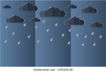 Clouds and rain on dark background, heavy rain, blue background, brochure, paper art, paper cut and craft style.
