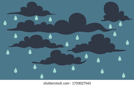 Nubes y lluvia en un fondo oscuro. Diseño plano. Ilustración del vector