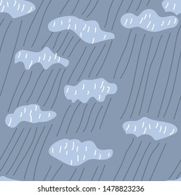 Clouds with rain on a white background. Seamless pattern. Scandinavian style. Primitive drawing. Children's illustration. Design for t-shirts, printing houses, leaflets, brochures, flyers, wallpapers.