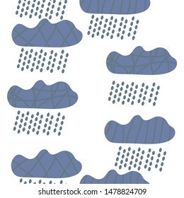Clouds with rain on a white background. Seamless pattern. Scandinavian style. Primitive drawing. Children's illustration. Design for t-shirts, printing houses, leaflets, brochures, flyers, wallpapers.