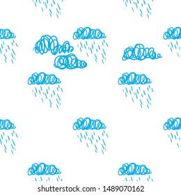 Clouds and rain seamless vector pattern. Line art. Blue and white colors.