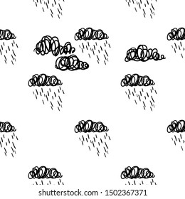 Clouds and rain seamless vector pattern. Line art. Black and white background.