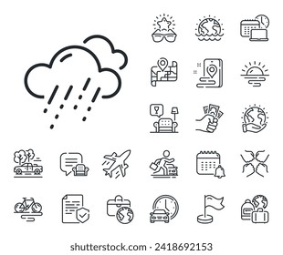 Nubes con señal de lluvia. Iconos del contorno del avión, el mapa de viajes y la reclamación de equipaje. Icono de la línea de pronóstico del tiempo lluvioso. Símbolo cielo nublado. Signo de la línea del tiempo lluvioso. Alquiler de coches, icono del transporte de taxis. Vector