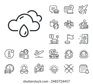 Clouds with rain sign. Plane jet, travel map and baggage claim outline icons. Rainy weather forecast line icon. Cloudy sky symbol. Rainy weather line sign. Car rental, taxi transport icon. Vector